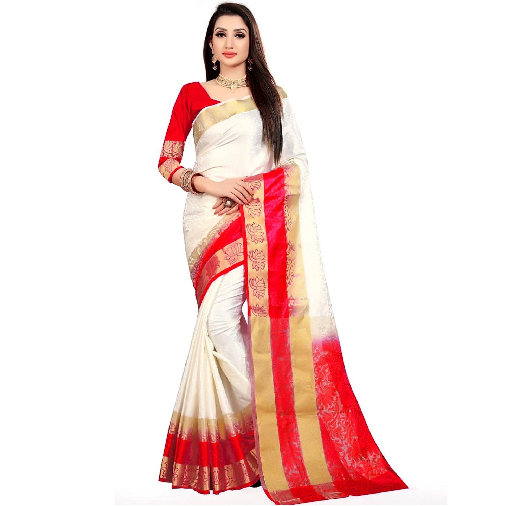 Classy White-Red Colored Festive Wear Woven Nylon Saree