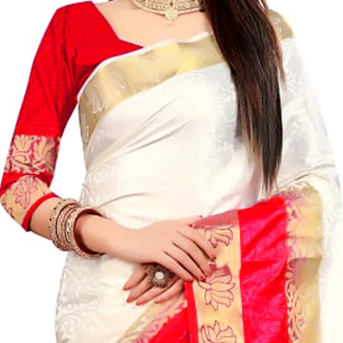 Classy White-Red Colored Festive Wear Woven Nylon Saree