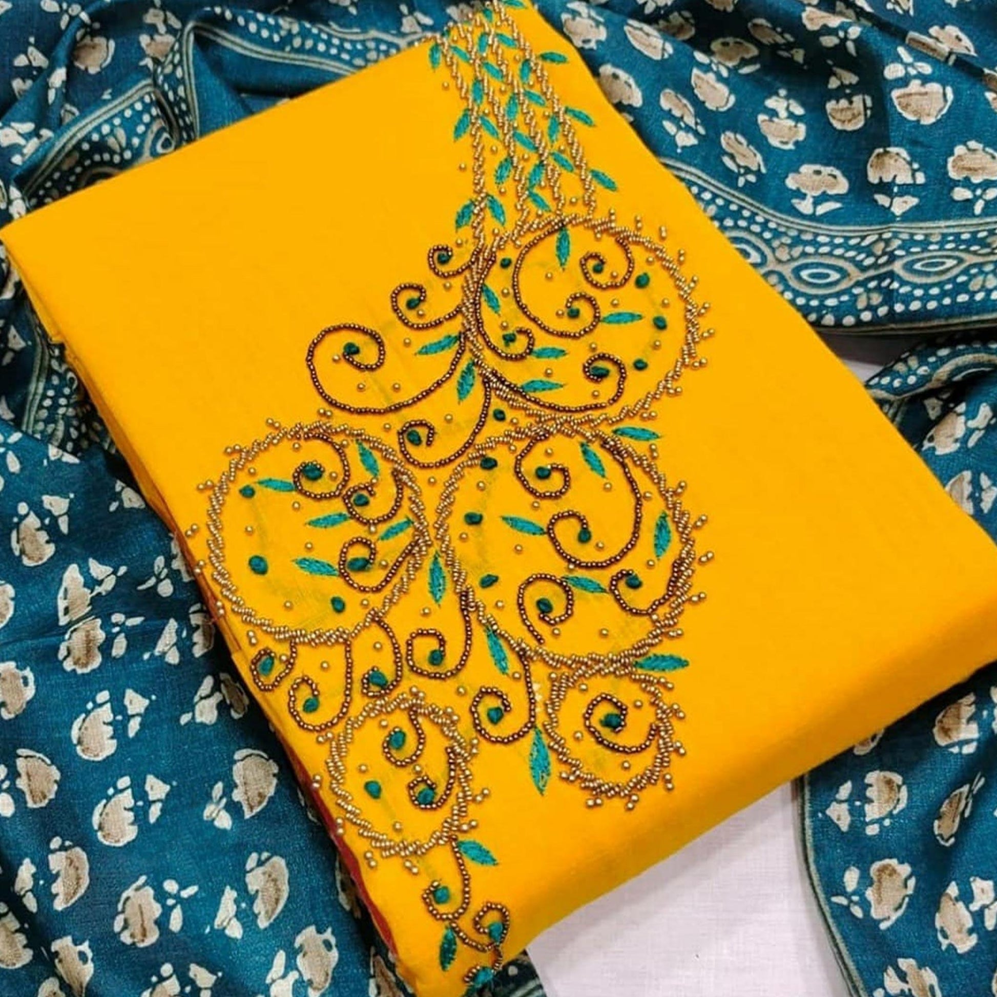 Classy Yellow Colored Casual Wear Embroidered Modal Chanderi Dress Material
