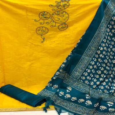 Classy Yellow Colored Casual Wear Embroidered Modal Chanderi Dress Material