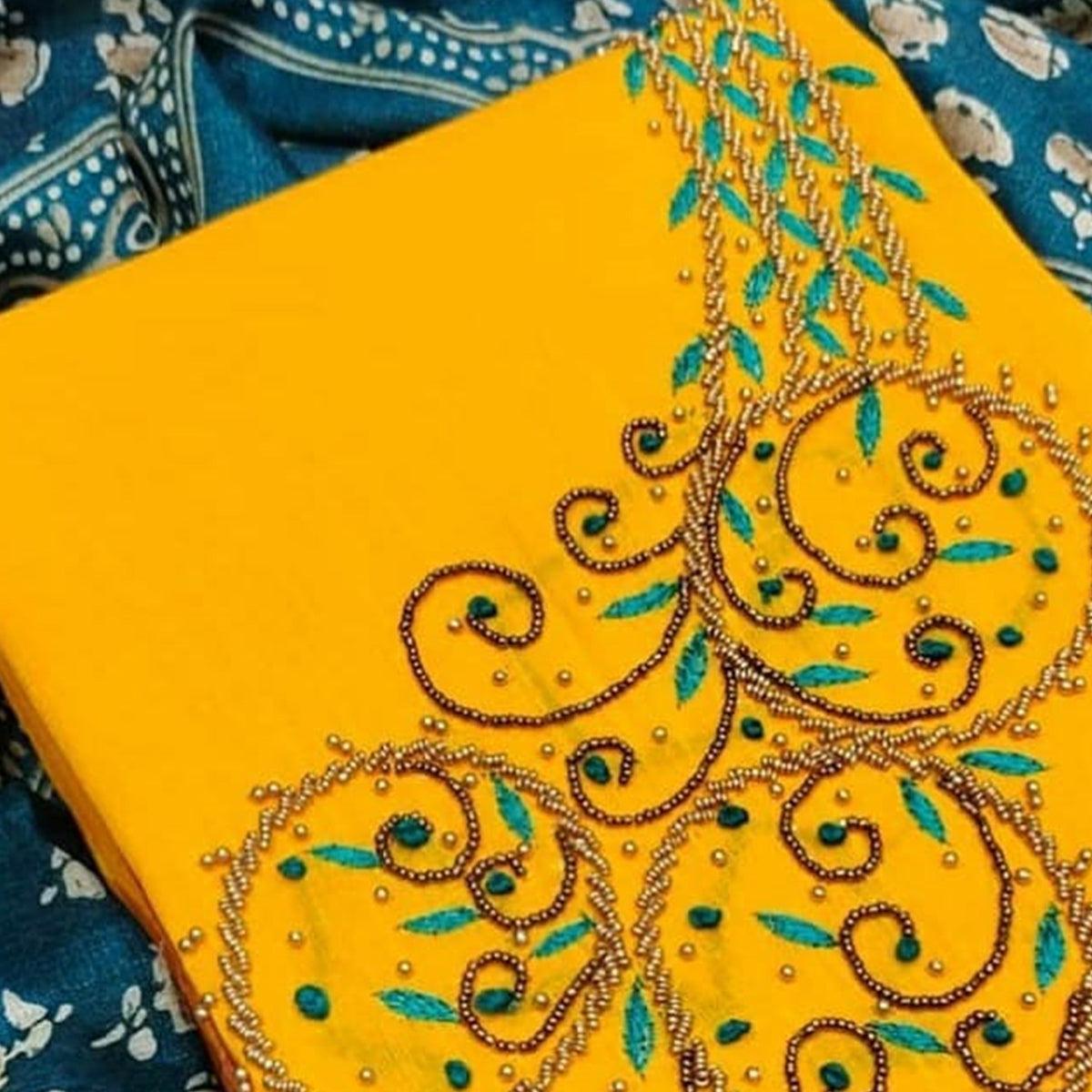 Classy Yellow Colored Casual Wear Embroidered Modal Chanderi Dress Material