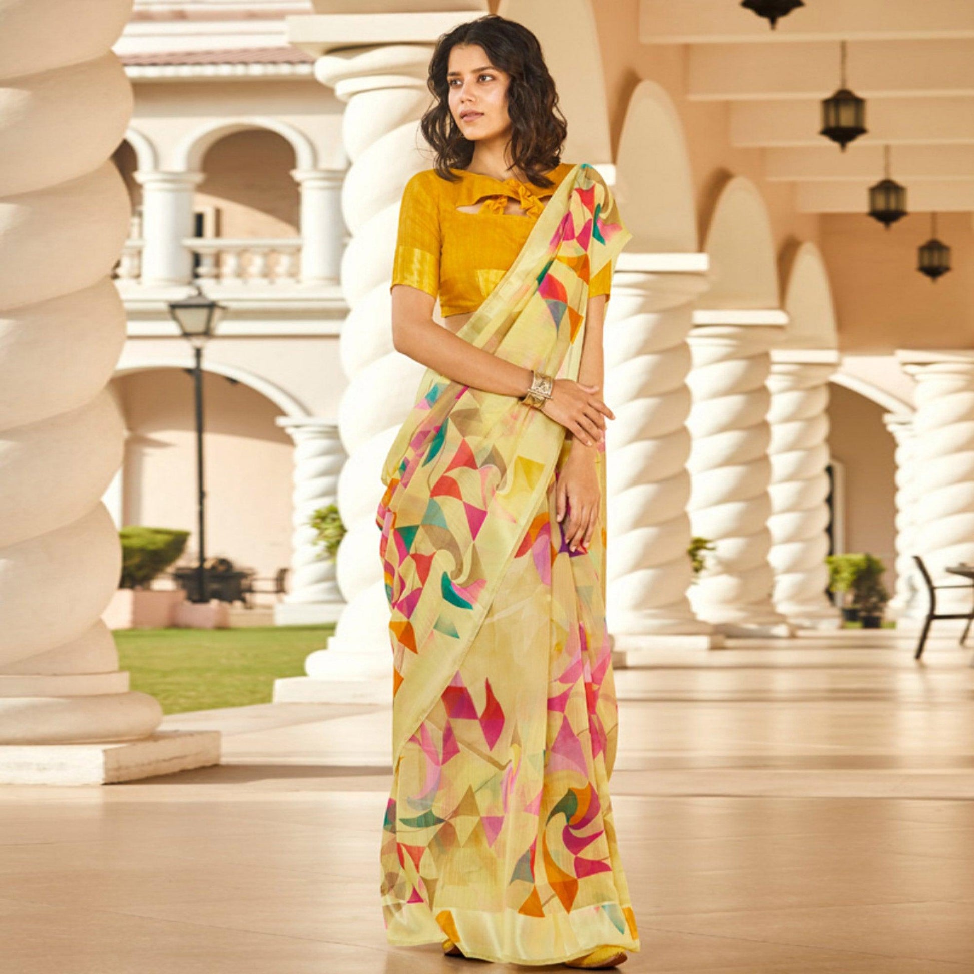 Classy Yellow Colored Casual Wear Printed Linen - Cotton Saree