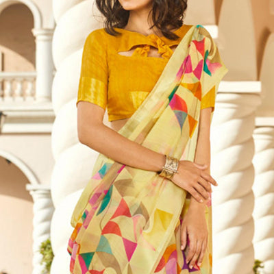 Classy Yellow Colored Casual Wear Printed Linen - Cotton Saree