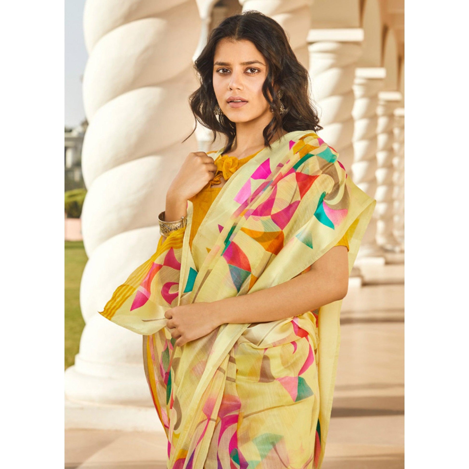 Classy Yellow Colored Casual Wear Printed Linen - Cotton Saree