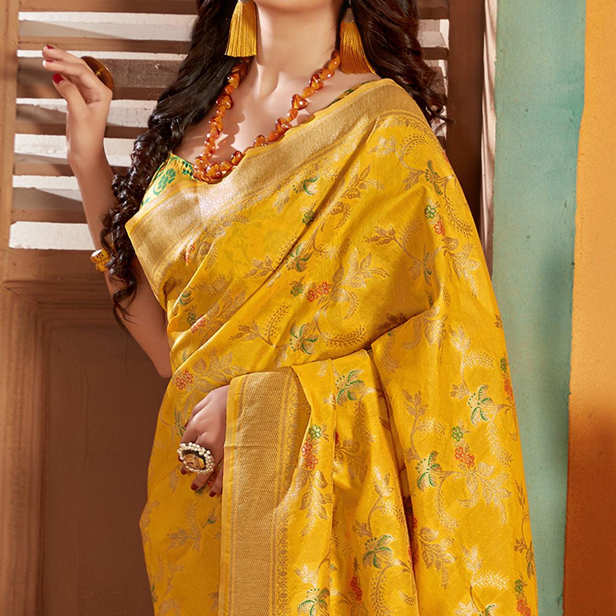 Classy Yellow Colored Festive Wear Woven Silk Saree