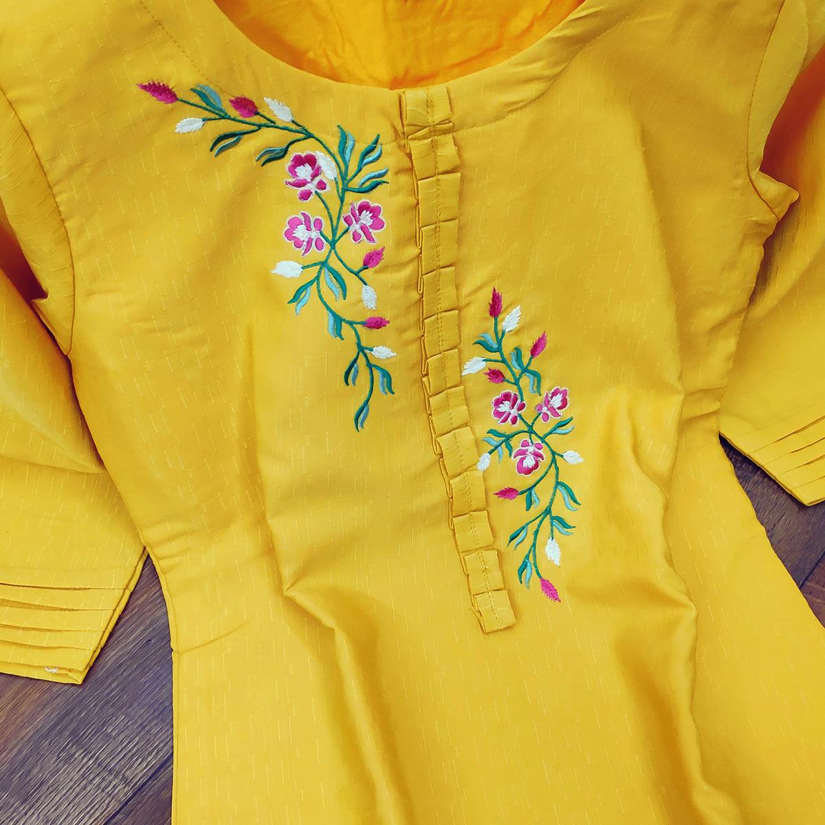 Classy Yellow Colored Party Wear Embroidered Cotton Kurti