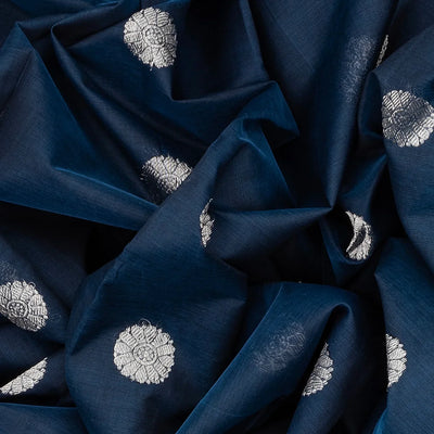 Navy Blue Handloom Chirala Silk Cotton Saree  With Kamalam Motifs-Navy Blue
