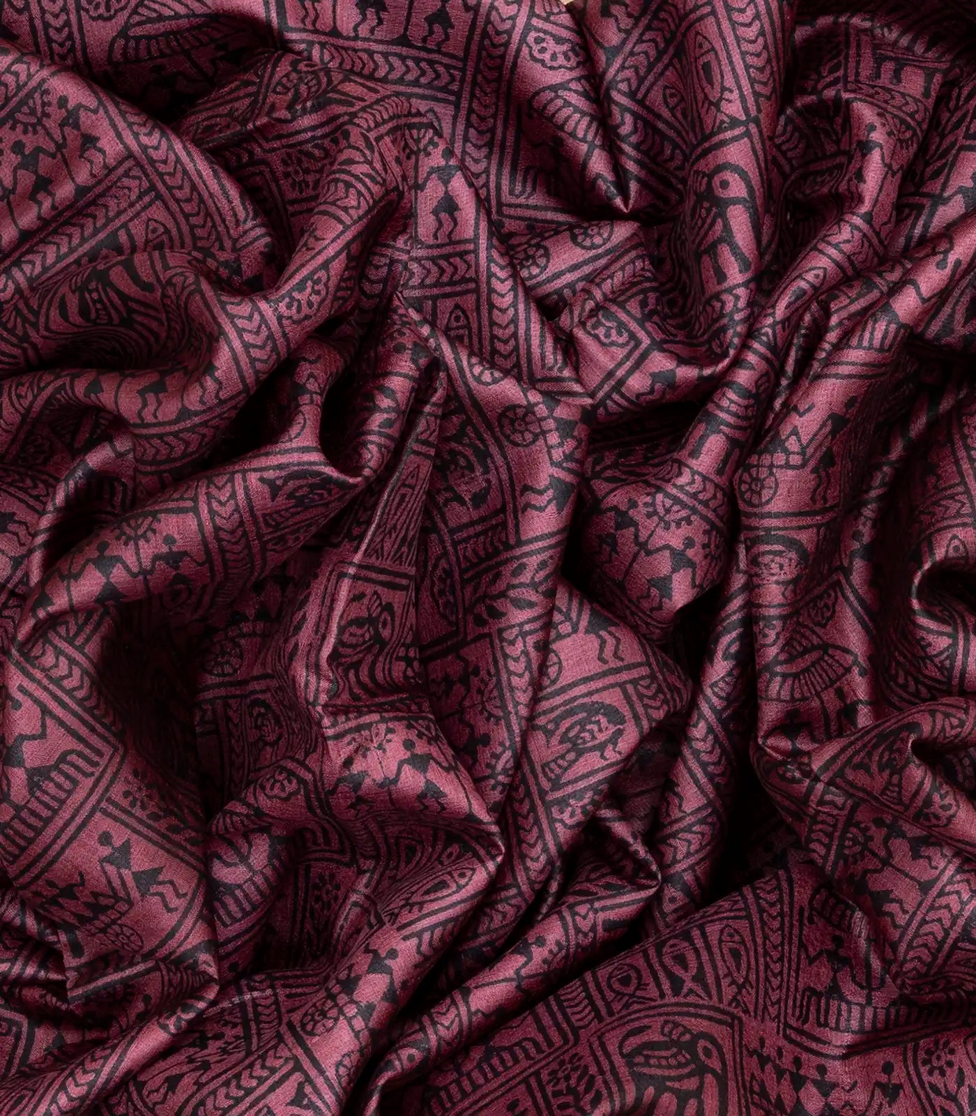 Chestnut Pink Handloom Tussar Silk Saree With Printed Tribal Motifs-Chestnut Pink