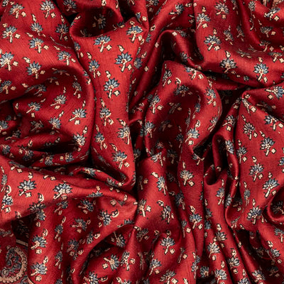 Crimson Handloom Tussar Silk Saree With Printed Floral Motifs-Crimson