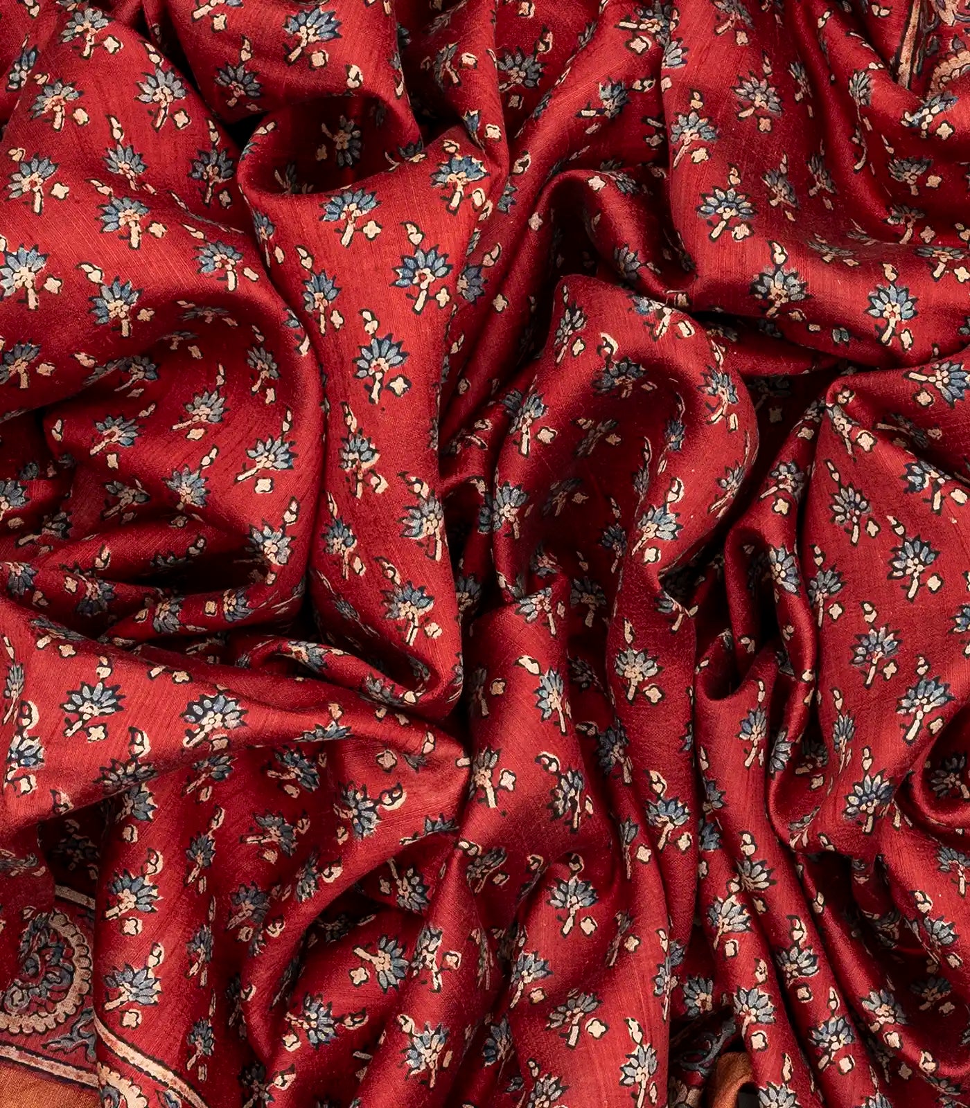 Crimson Handloom Tussar Silk Saree With Printed Floral Motifs-Crimson