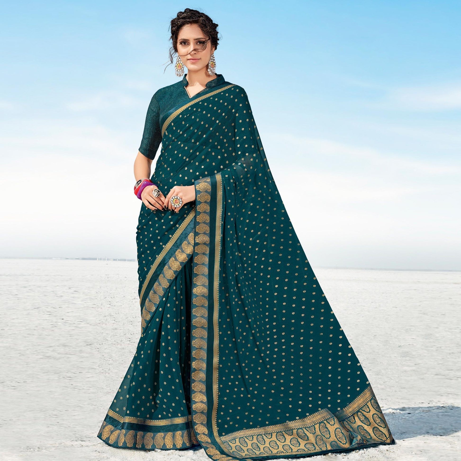 Cobalt Blue Festive Wear Woven Georgette Saree