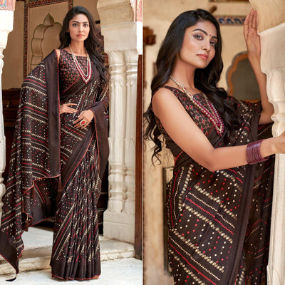 Coffee Bandhani Printed Chiffon Saree With Tassels
