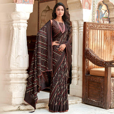 Coffee Bandhani Printed Chiffon Saree With Tassels