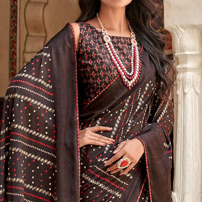 Coffee Bandhani Printed Chiffon Saree With Tassels