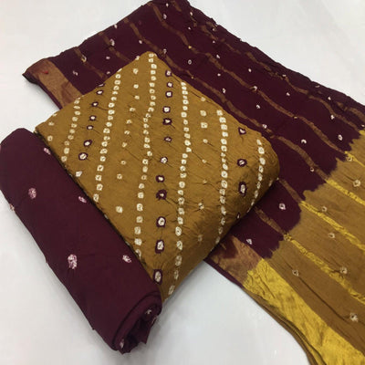 Coffee Brown Bandhani Printed Pure Cotton Dress Material