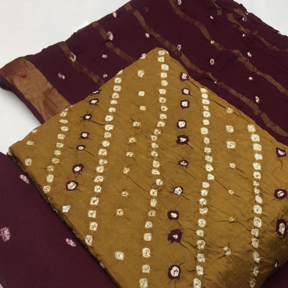 Coffee Brown Bandhani Printed Pure Cotton Dress Material