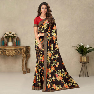 Coffee Brown Floral Printed Crepe Saree