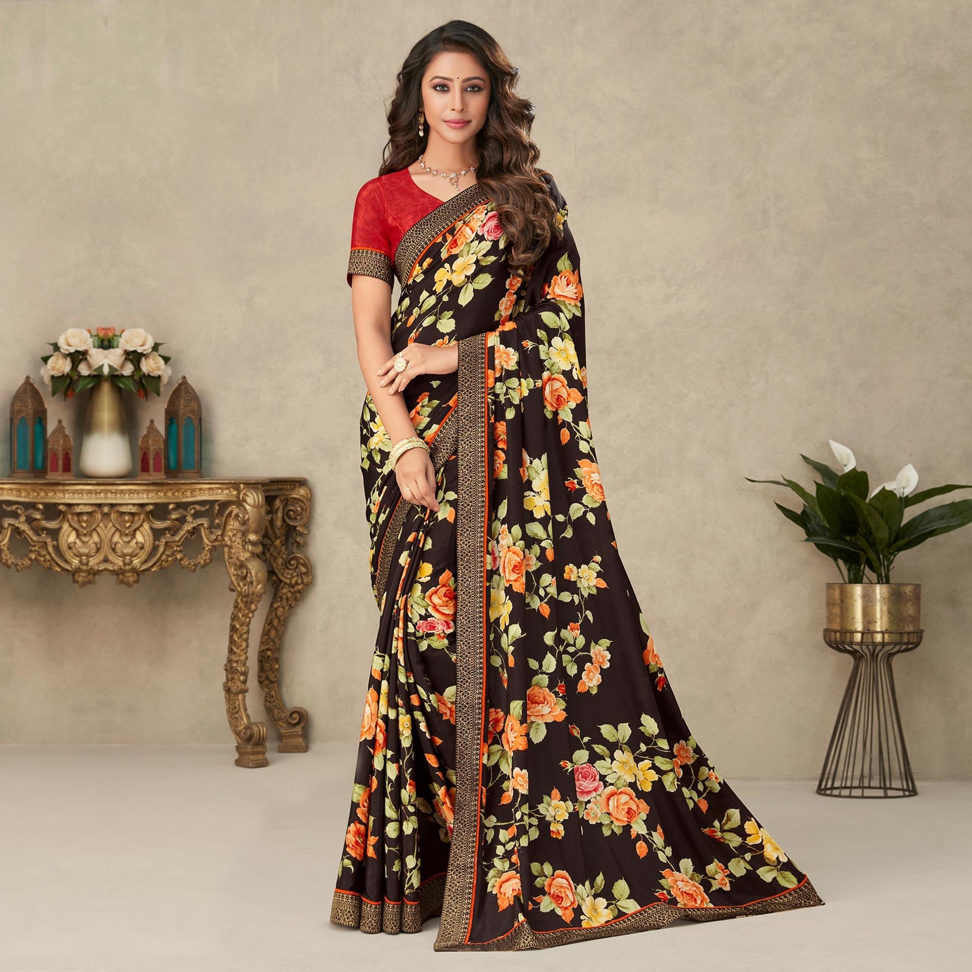 Coffee Brown Floral Printed Crepe Saree