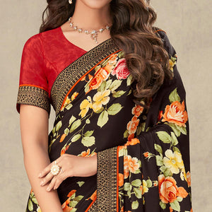 Coffee Brown Floral Printed Crepe Saree