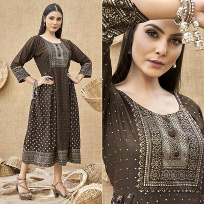 Coffee Brown Foil Printed Rayon Kurti