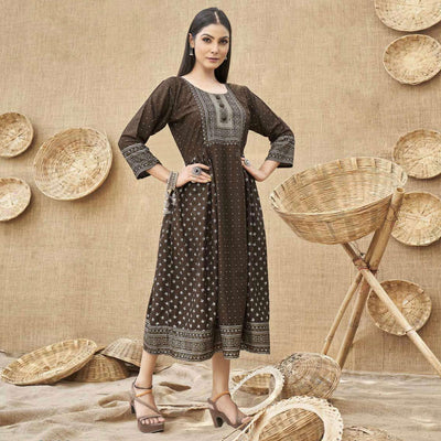 Coffee Brown Foil Printed Rayon Kurti