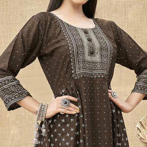 Coffee Brown Foil Printed Rayon Kurti