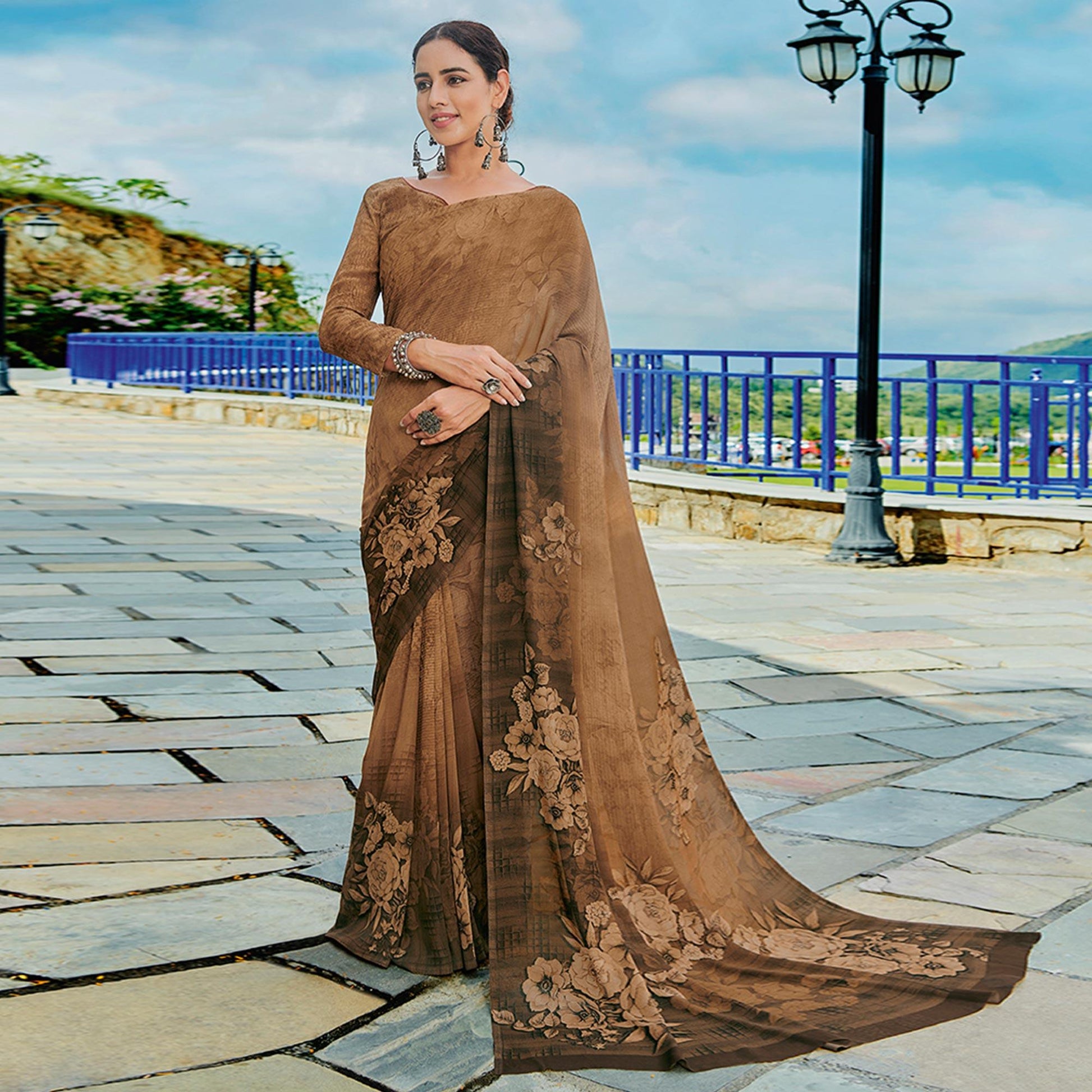 Coffee Brown Printed Georgette Saree