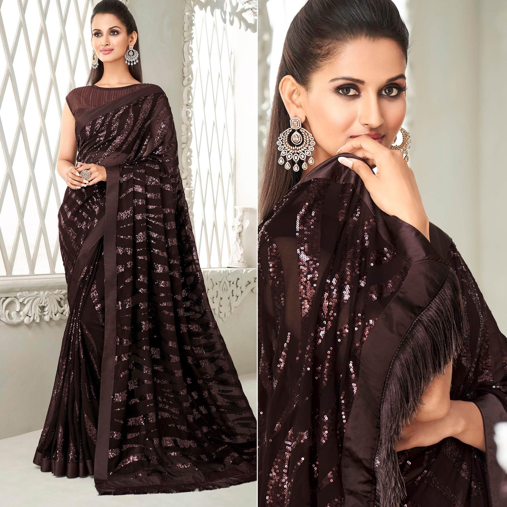 Coffee Brown Sequins Embroidered Georgette Saree With Tassels