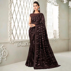 Coffee Brown Sequins Embroidered Georgette Saree With Tassels