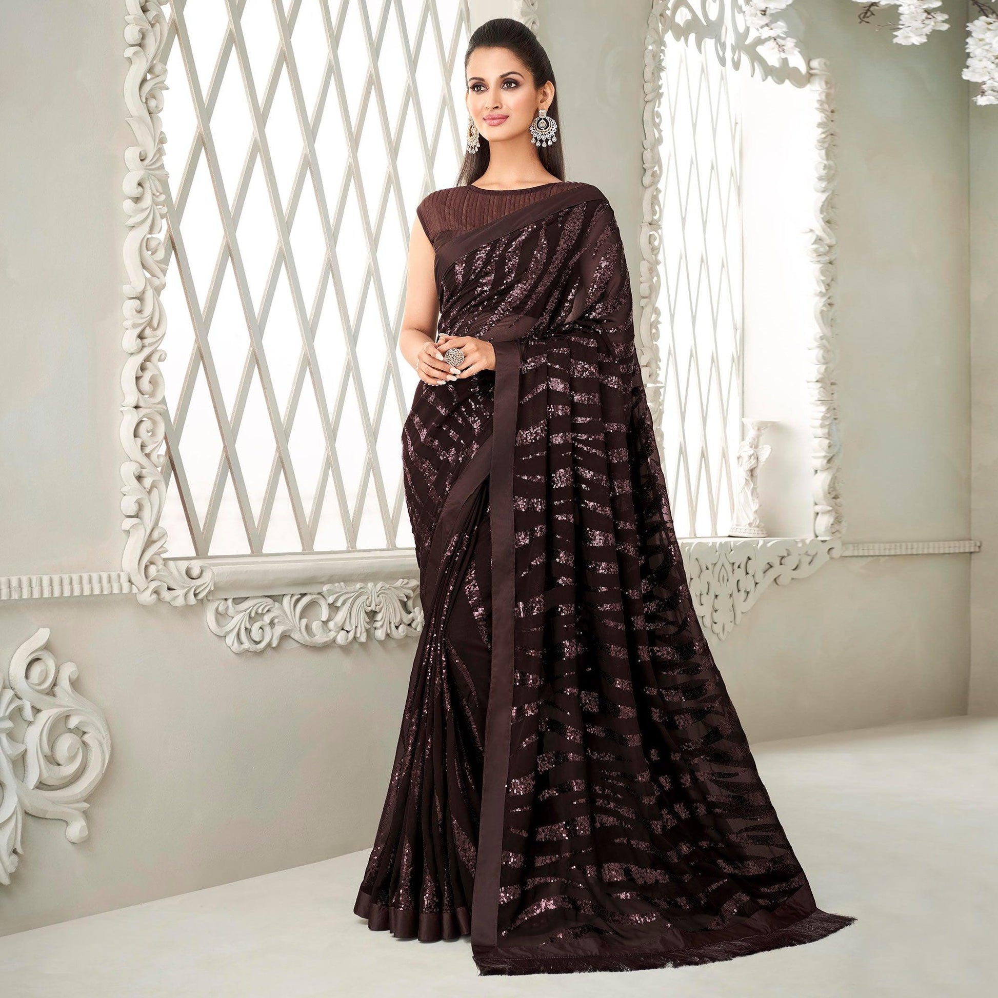 Coffee Brown Sequins Embroidered Georgette Saree With Tassels