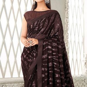 Coffee Brown Sequins Embroidered Georgette Saree With Tassels