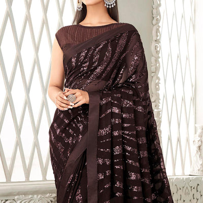 Coffee Brown Sequins Embroidered Georgette Saree With Tassels
