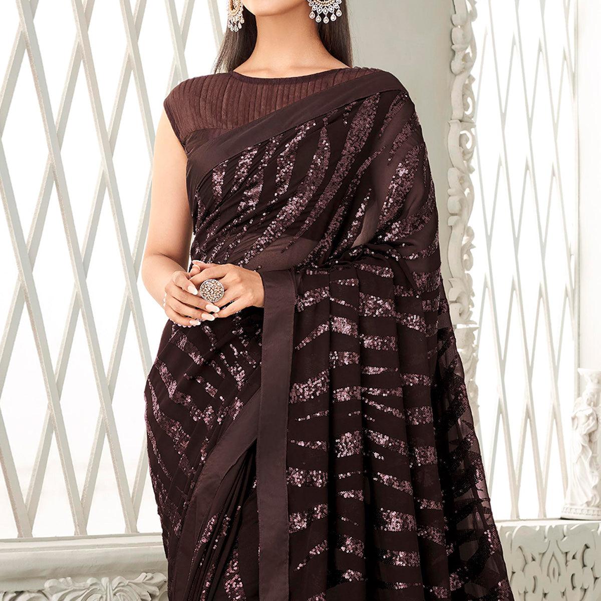 Coffee Brown Sequins Embroidered Georgette Saree With Tassels