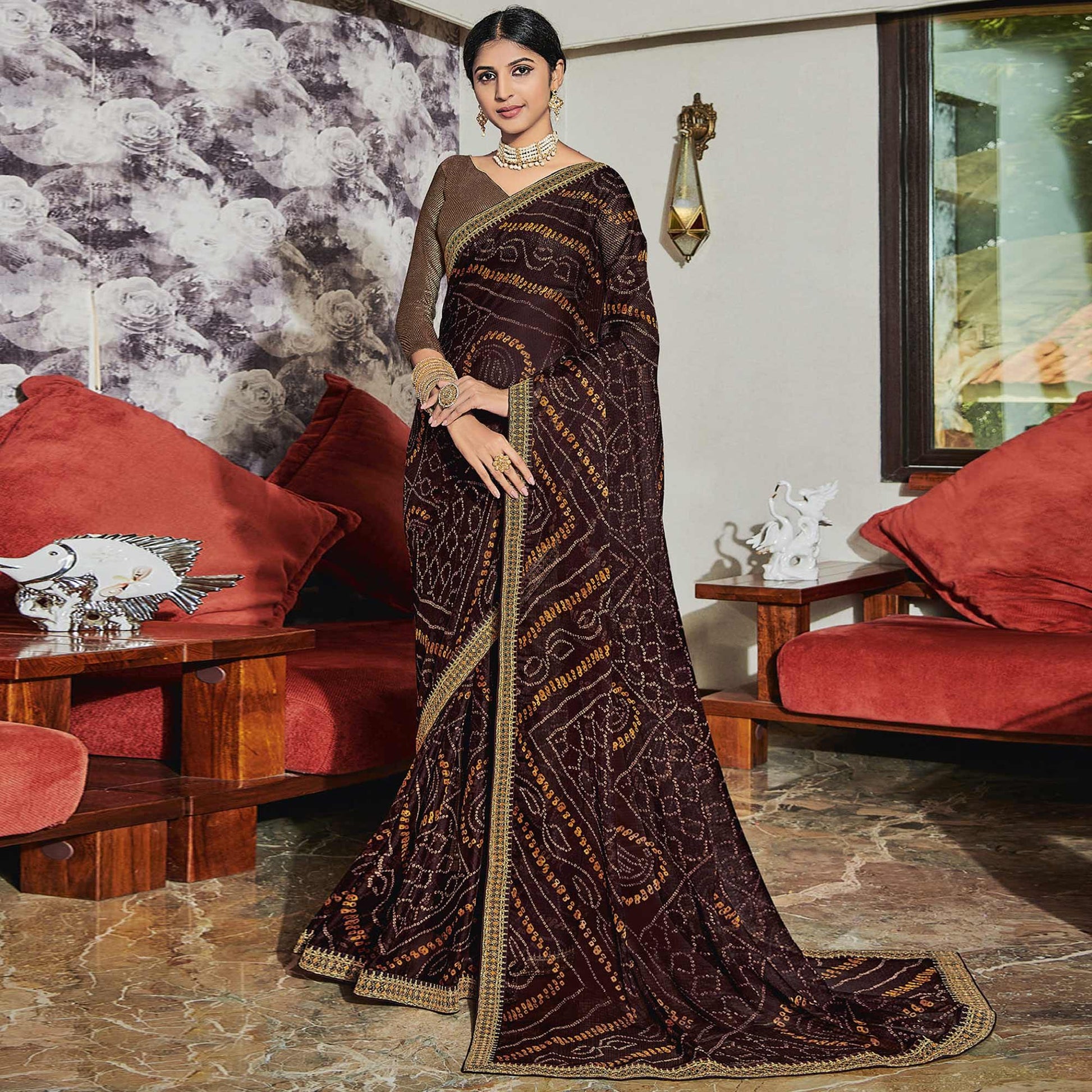 Coffee Casual Wear Bandhani Printed Chiffon Saree