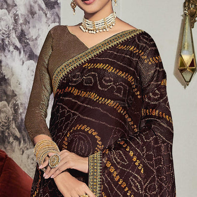 Coffee Casual Wear Bandhani Printed Chiffon Saree