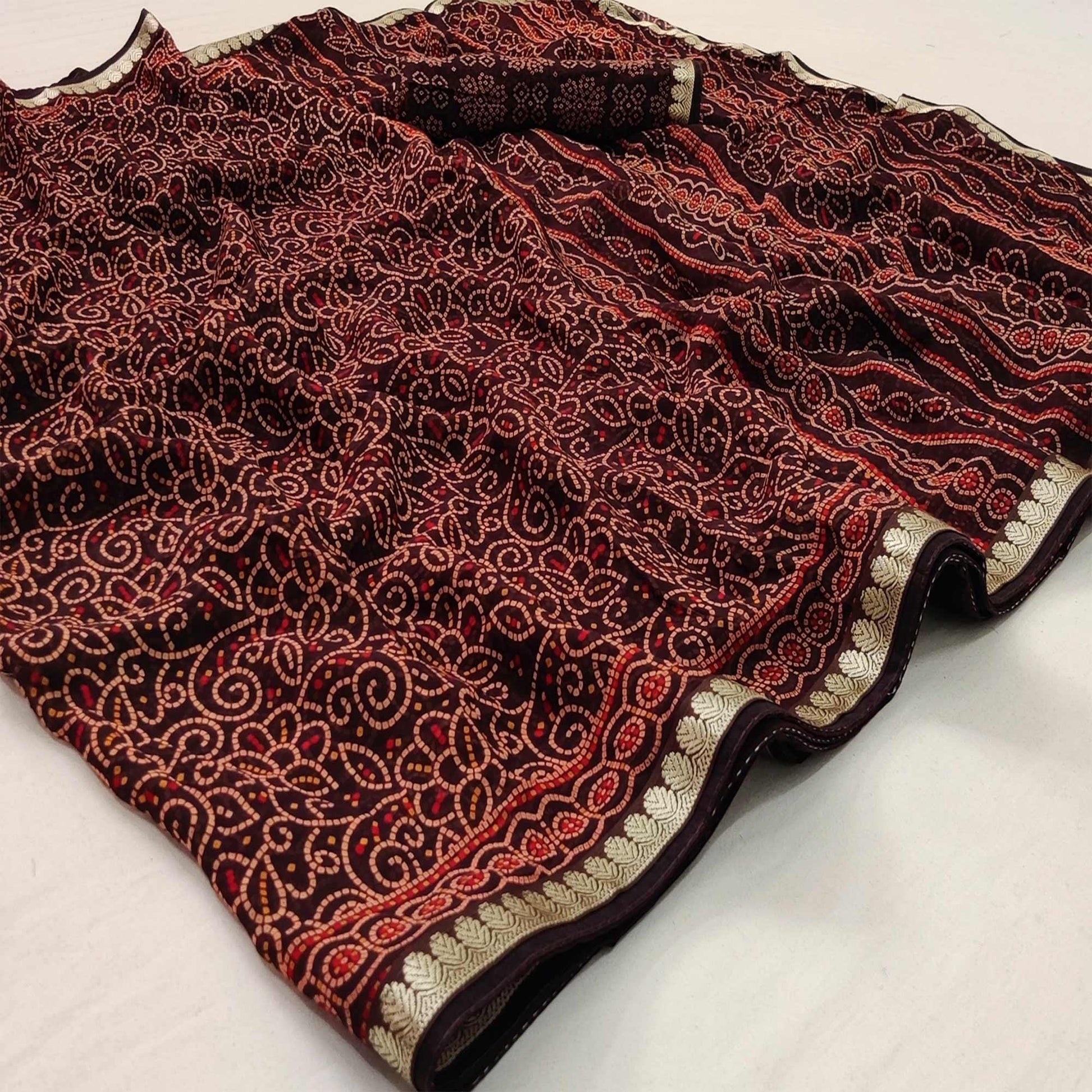 Coffee Casual Wear Bandhani Printed Soft Georgette Saree With Fancy Border