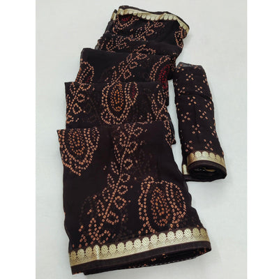 Coffee Casual Wear Bandhani Printed Soft Georgette Saree With Fancy Border