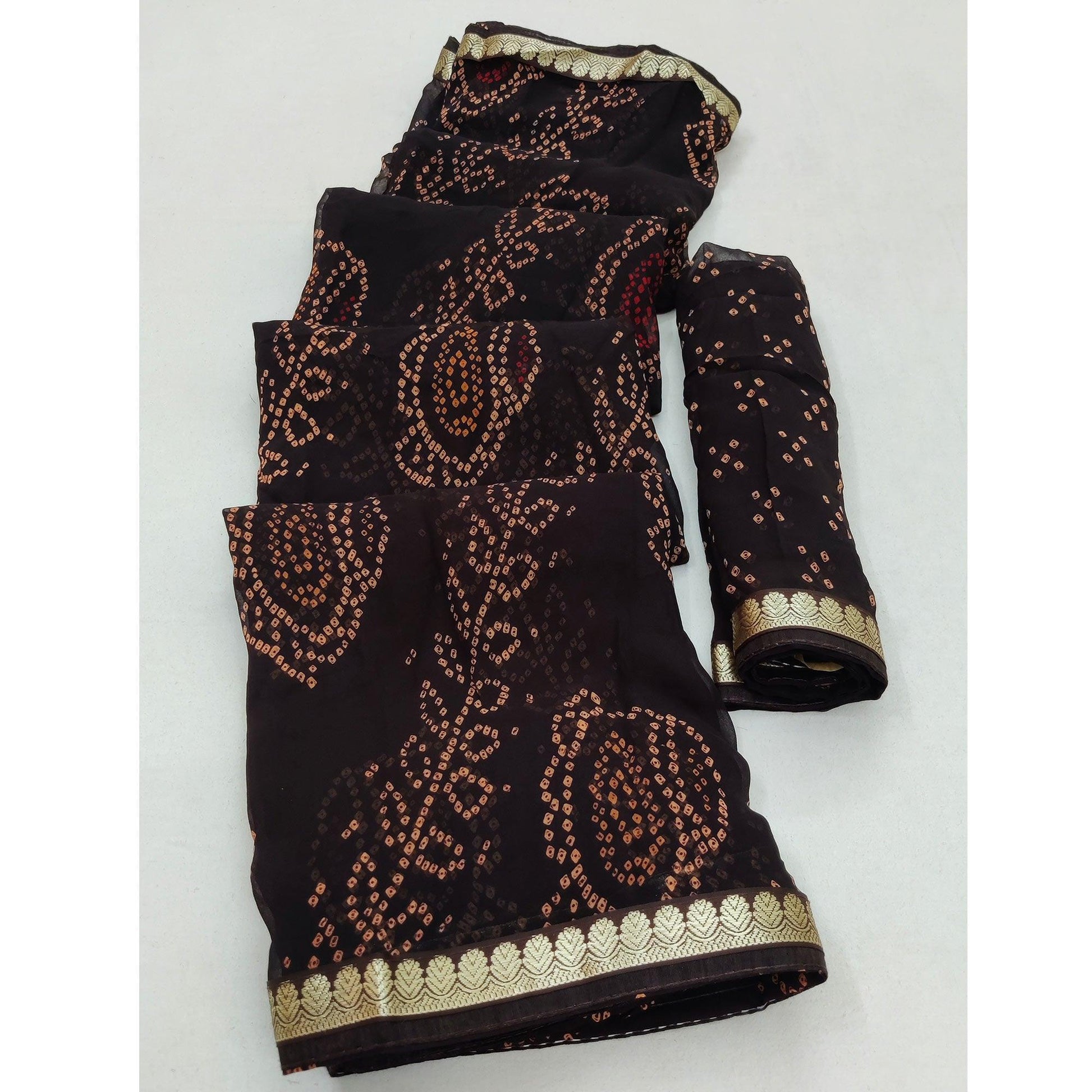 Coffee Casual Wear Bandhani Printed Soft Georgette Saree With Fancy Border