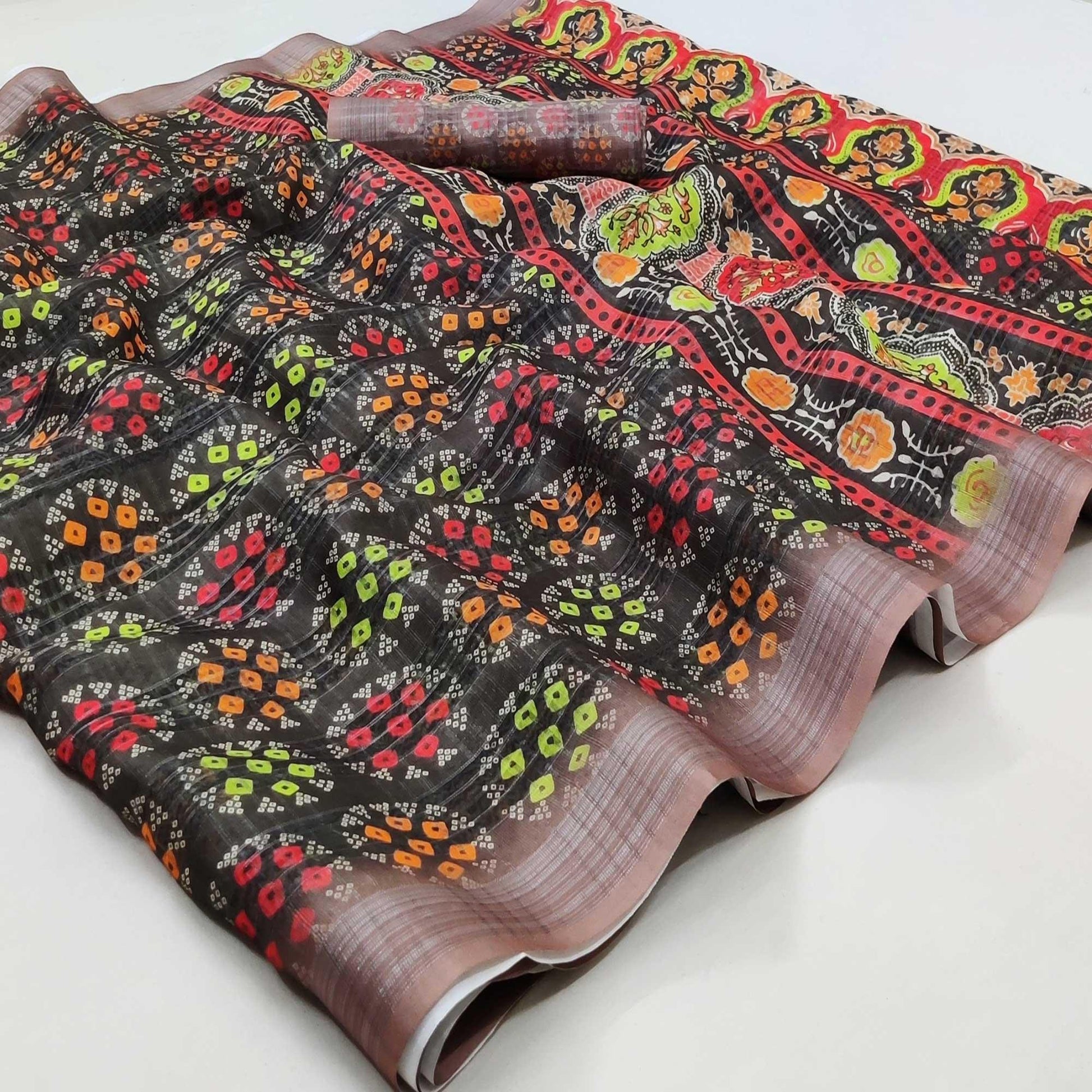 Coffee Casual Wear Digital Printed Silk Saree With Jacquard Border