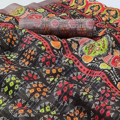 Coffee Casual Wear Digital Printed Silk Saree With Jacquard Border