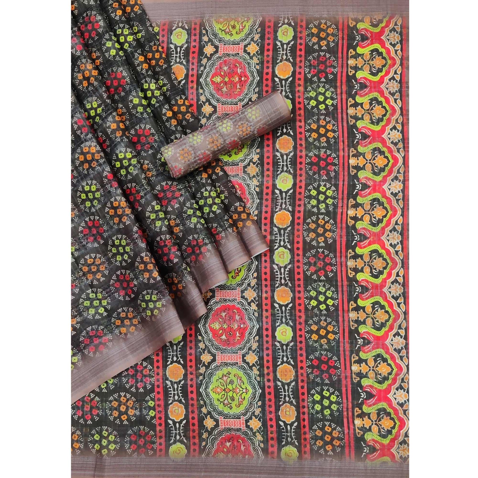 Coffee Casual Wear Digital Printed Silk Saree With Jacquard Border