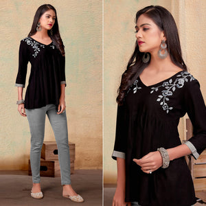 Coffee Casual Wear Floral Embroidered Rayon Top