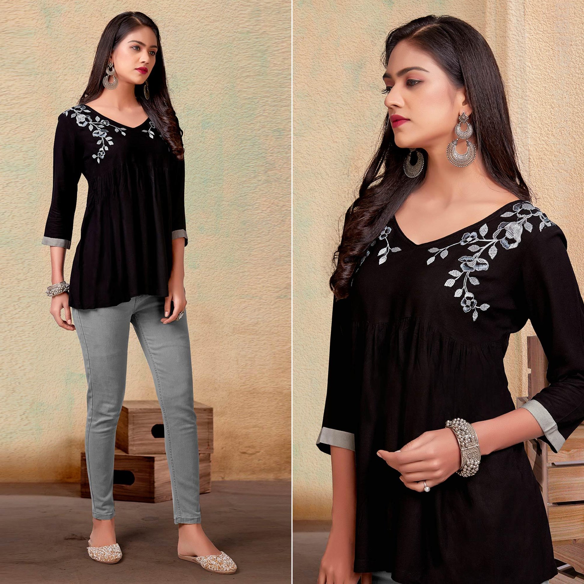 Coffee Casual Wear Floral Embroidered Rayon Top