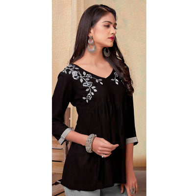 Coffee Casual Wear Floral Embroidered Rayon Top