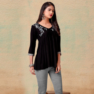 Coffee Casual Wear Floral Embroidered Rayon Top