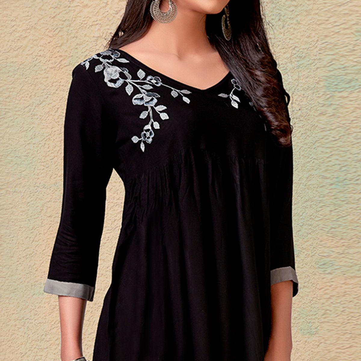 Coffee Casual Wear Floral Embroidered Rayon Top