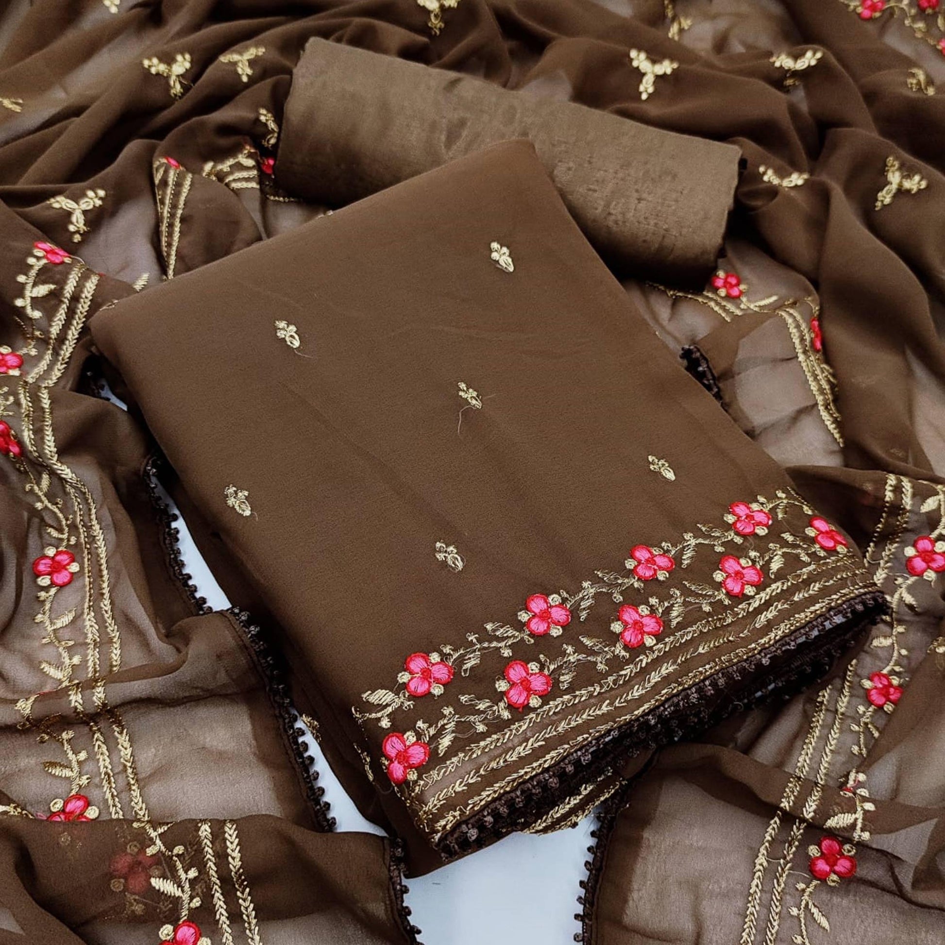 Coffee Casual Wear Floral Embroidery Work Georgette Dress Material