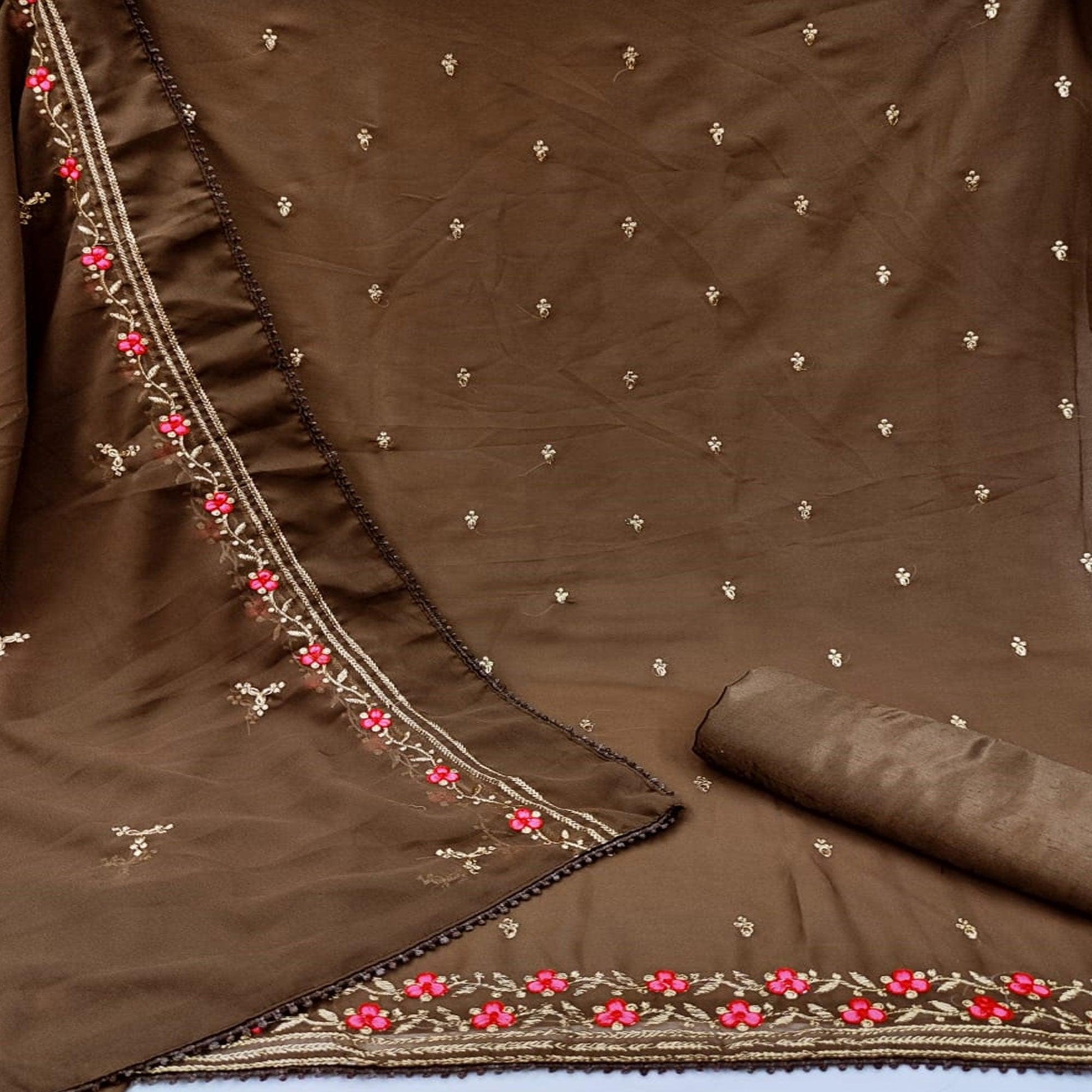 Coffee Casual Wear Floral Embroidery Work Georgette Dress Material
