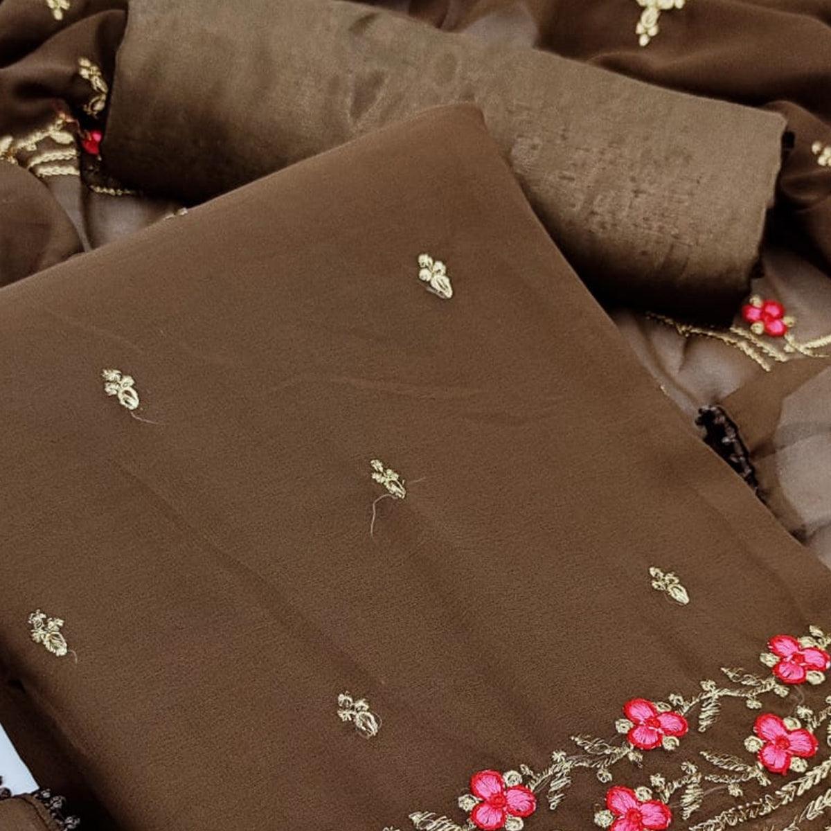 Coffee Casual Wear Floral Embroidery Work Georgette Dress Material