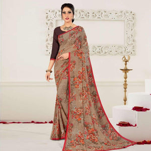 Coffee Casual Wear Floral Printed Georgette Saree